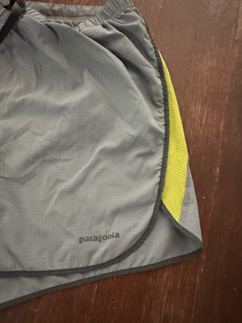 Patagonia Gray Running Shorts with Yellow Side Panels - Picture 3 of 4